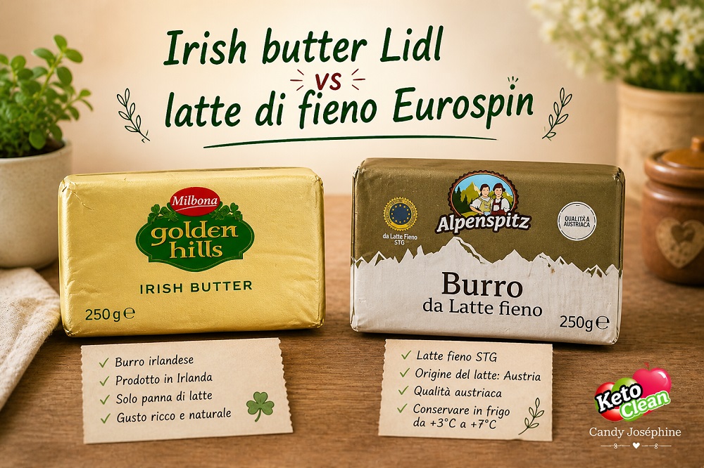 Confronto tra Irish butter Lidl e burro da latte di fieno Eurospin confezionati