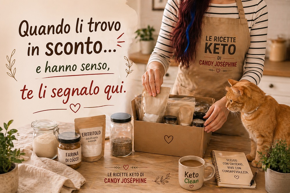 Donna che seleziona ingredienti per chetogenica pulita mentre un gatto osserva, prodotti scelti con criterio e consapevolezza